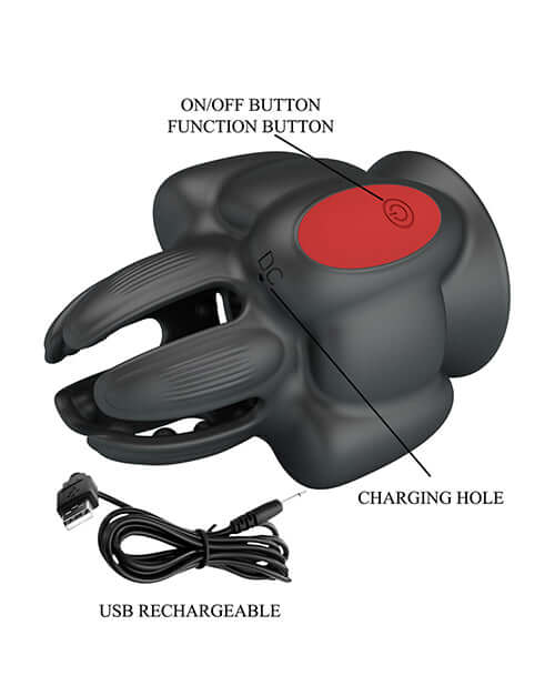 Pretty Love Wyatt Glans Trainer Black showing on/off button, function button, charging hole, and USB recharge feature.