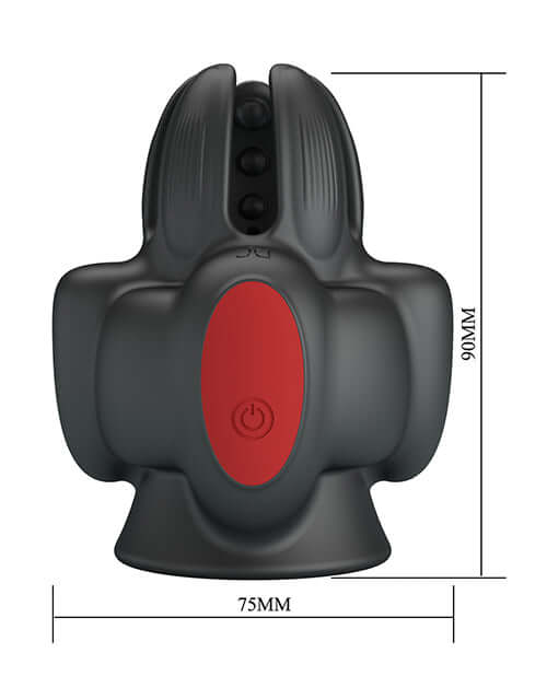 Pretty Love Wyatt Glans Trainer Black top view with red button and dimensions of 75mm by 90mm.