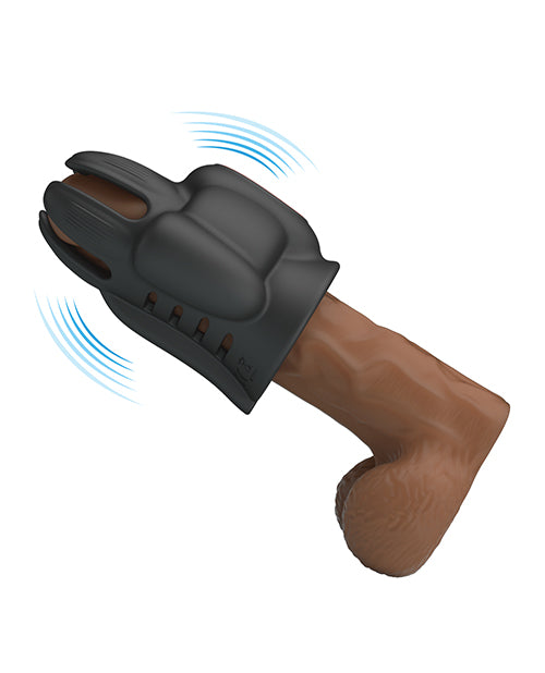 Pretty Love Wyatt Glans Trainer Black, a USB-rechargeable male sex toy with 10 vibration modes and adjustable grip.