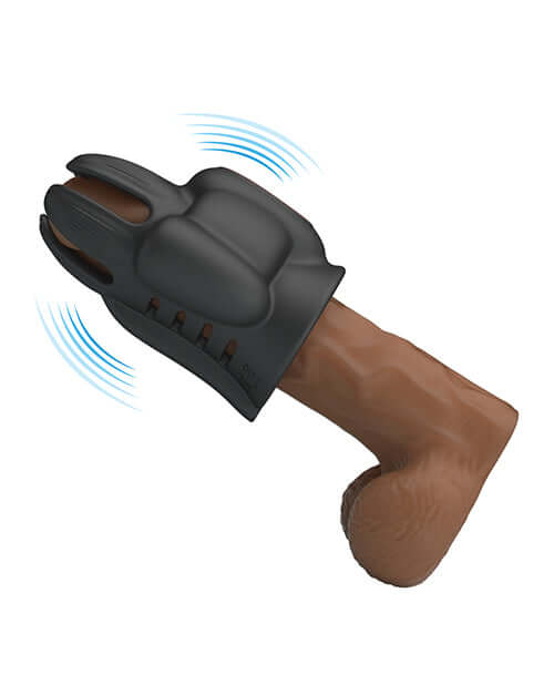 Pretty Love Wyatt Glans Trainer Black, a USB-rechargeable male sex toy with 10 vibration modes and adjustable grip.