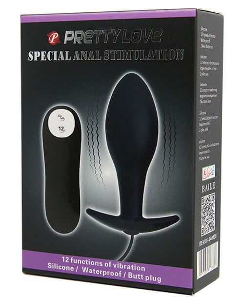 Pretty Love Vibrating Bulb Shaped Butt Plug Black packaging showcasing 12-function vibrator and sleek design.