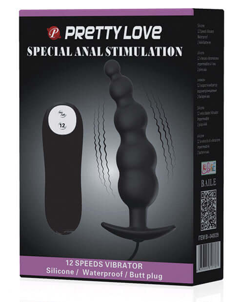 Pretty Love Vibrating Bead Shaped Butt Plug Black product packaging with 12 speeds for special anal stimulation.