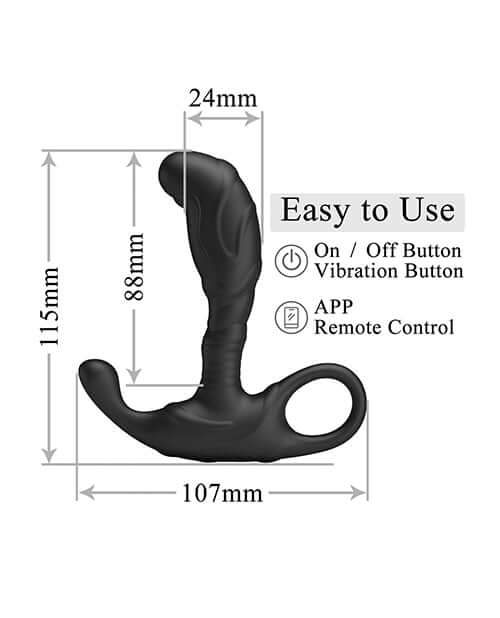 Pretty Love Prostate Massager Andrew dimensions and features, including easy to use controls and APP remote capabilities.
