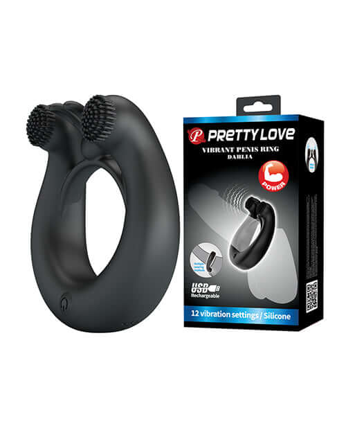 Pretty Love Vibrating Penis Ring Dahlia with 12 vibration settings and silicone design for enhanced pleasure.