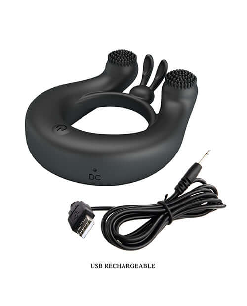 Pretty Love Vibrating Penis Ring Dahlia with dual motors and USB rechargeable cable.