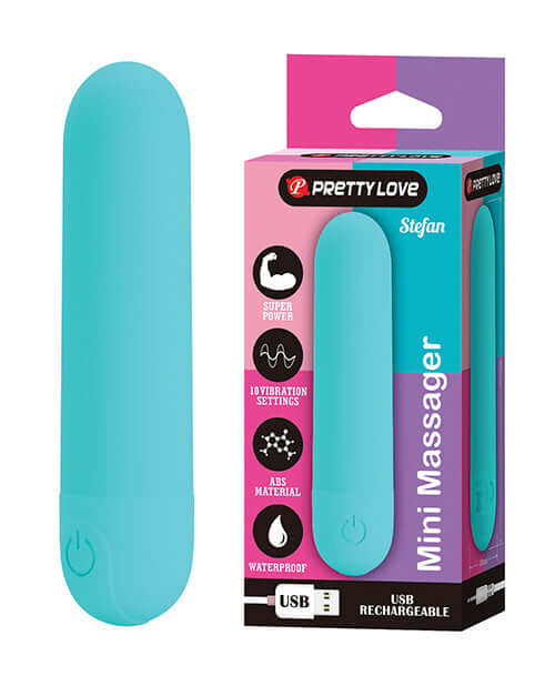 Pretty Love Stefan Mini Massager Bullet Aqua packaging and product, featuring a vibrant aqua color and USB charging.