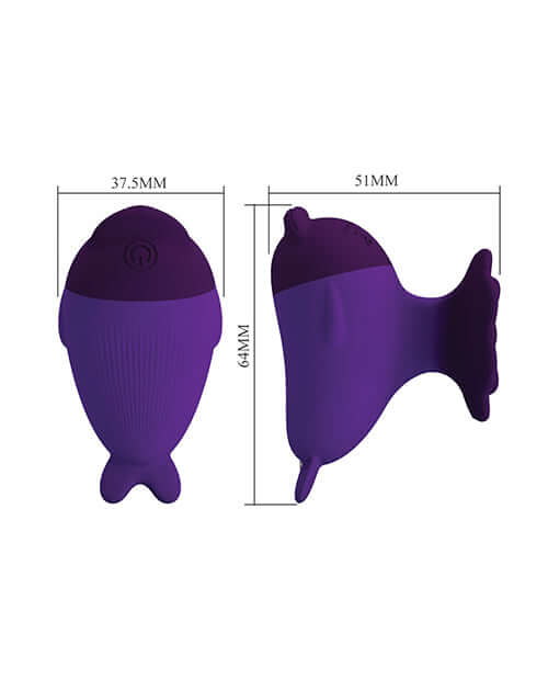 Pretty Love Dolphin Finger Vibe Purple dimensions showing sleek design and waterproof feature