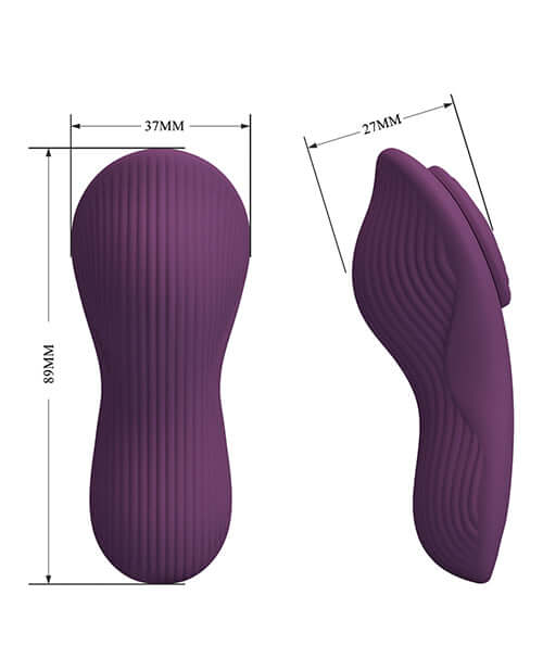 Pretty Love Mane Magnetic App-Controlled Panty Vibe Purple showing dimensions and sleek design features.