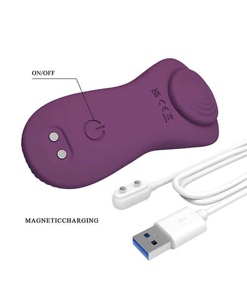 Pretty Love Mane Magnetic App-Controlled Panty Vibe Purple with on/off switch and USB magnetic charging cable.