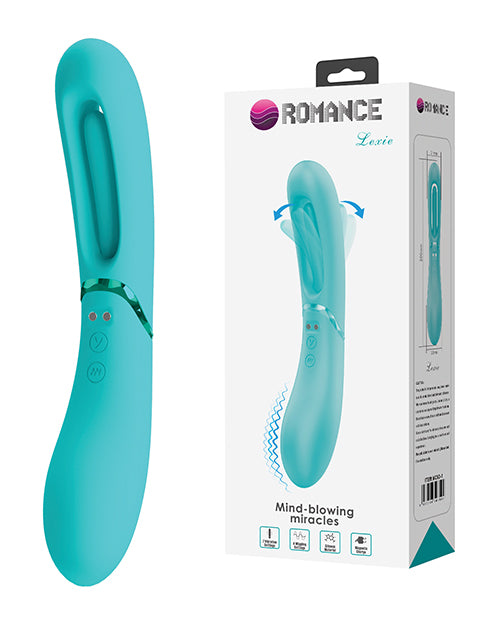 Pretty Love Romance Lexie Flapping Vibe Aqua dual-action massager in aqua color with packaging.