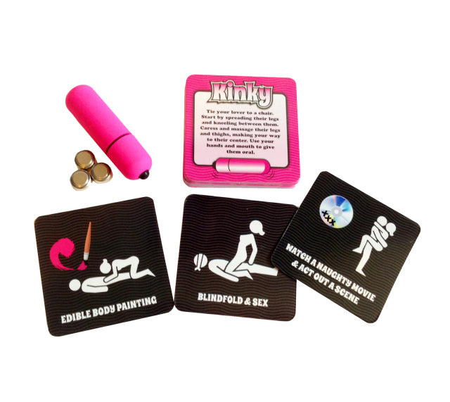 Ball and Chain Kinky Vibrations Adult Game contents including cards and mini bullet.