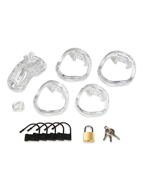 Blue Line 2 Inch Acrylic See Thru Chastity Cock Cage components including cage, rings, padlock, and keys.