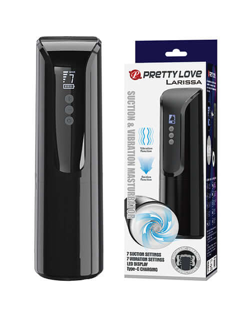 Pretty Love Automatic Masturbator Larissa with 7 suction and vibration settings, LED display, and USB-C charging.