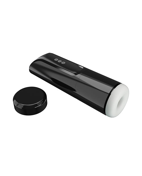 Pretty Love Automatic Masturbator Larissa showing device and lid in sleek black design for hands-free pleasure.