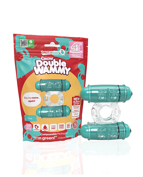 Screaming O 4T Double Wammy Vibrating Cock Ring Kiwi with packaging, featuring dual motors for pleasure.