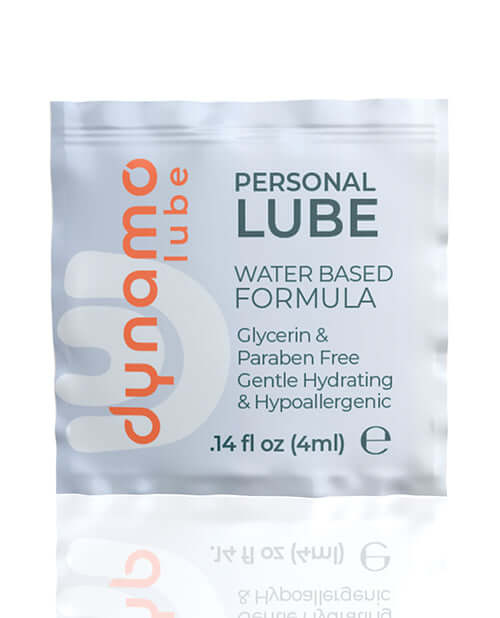 Dynamo Lube Water Based Formula Foil single-use packet with glycerin and paraben-free formula.