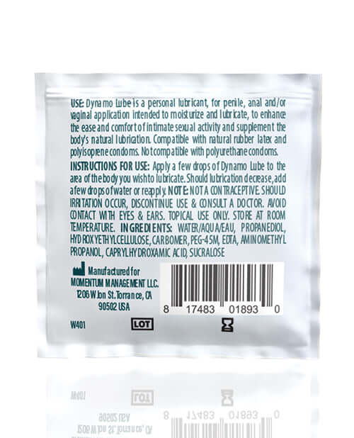 Dynamo Lube Water Based Formula Foil packet with usage instructions and safety information.