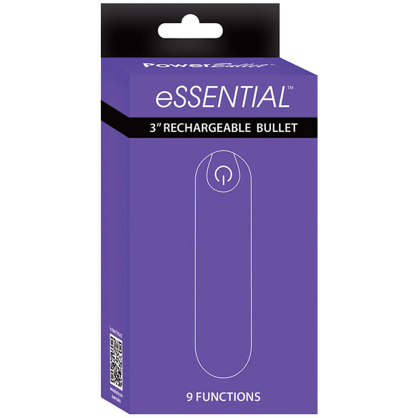 Powerbullet Essential Bullet Vibrator 3.5 inches Purple packaging with 9 functions and rechargeable features.
