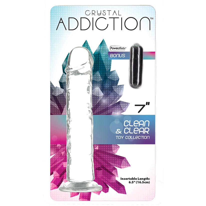 Crystal Addiction 7 Inch Straight Dong Suction Cup packaging with bonus item, showcasing clear design and features.