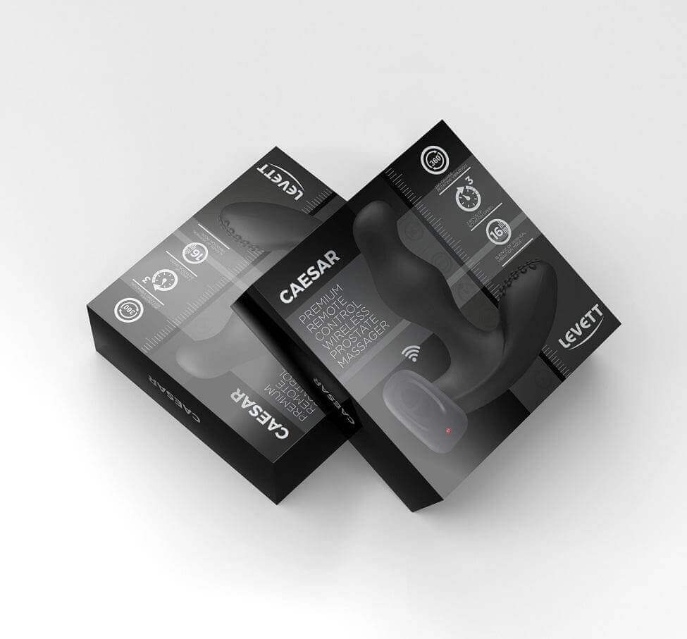 Levett Caesar Premium Silicone Prostate Massager Black packaging showing advanced features for intimate pleasure.