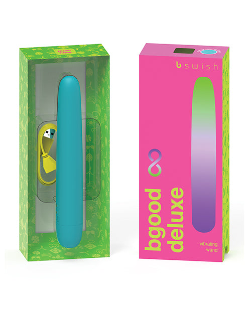Bgood Infinite Deluxe Vibrator Sea Foam in packaging with vibrant colors showcasing the modern design and luxurious features.