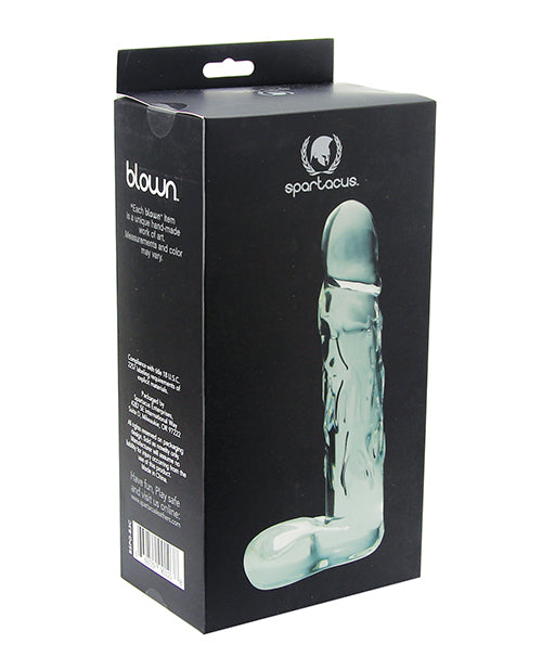 Spartacus Blown Large Realistic Glass Dildo Clear packaging showcasing its unique design and quality craftsmanship.