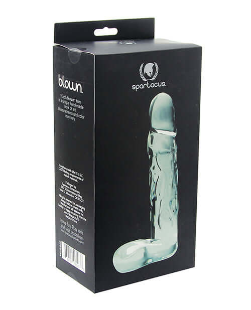 Spartacus Blown Large Realistic Glass Dildo Clear packaging showcasing its unique design and quality craftsmanship.