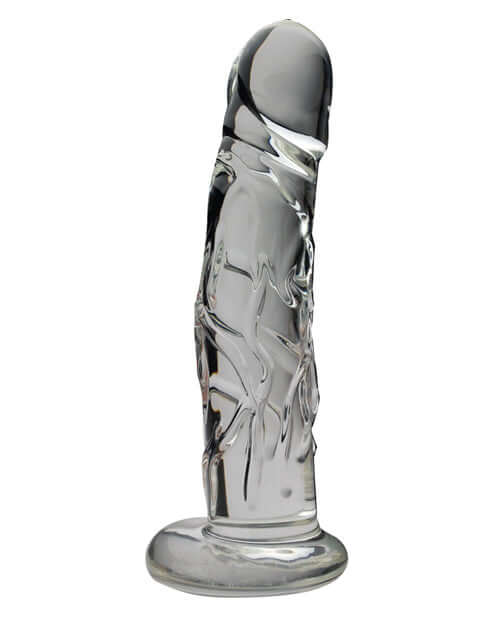 Spartacus Blown Realistic Glass Dildo Medium Clear displayed with realistic veiny design and sturdy base.