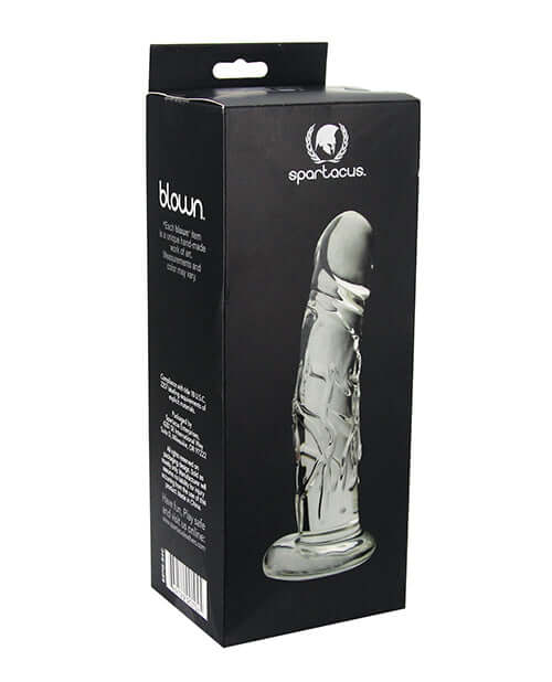 Spartacus Blown Realistic Glass Dildo Medium Clear packaging with detailed phallic design and sturdy base.
