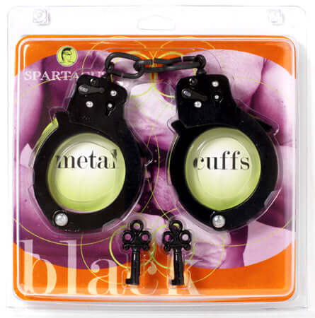 Spartacus Black Single Lock Handcuffs in packaging with keys, featuring a sleek black design.