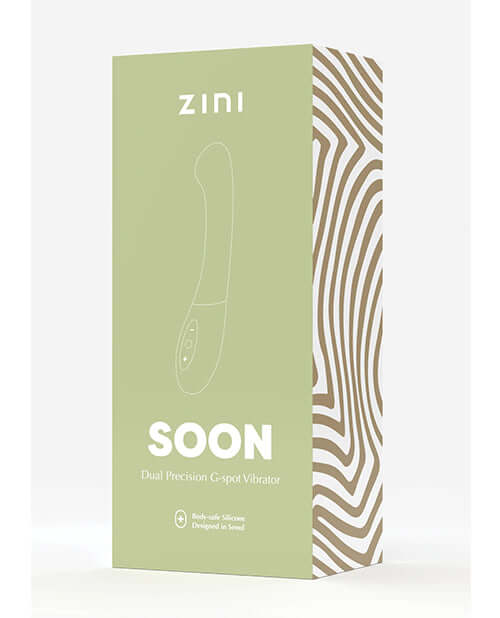 Zini Soon Blue Dual G-Spot Vibrator packaging showcasing its stylish design and features for pleasure.