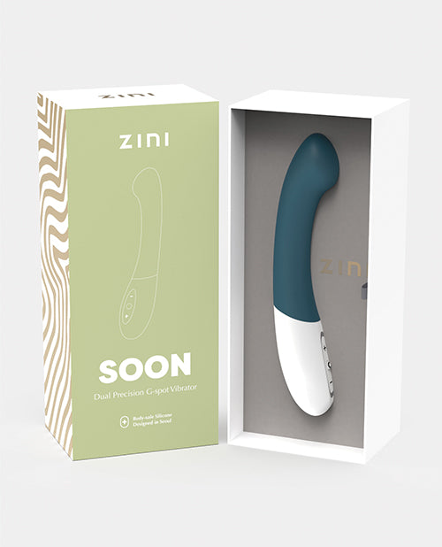 Zini Soon Blue Dual G-Spot Vibrator in elegant packaging showcasing its ergonomic design and sleek features.