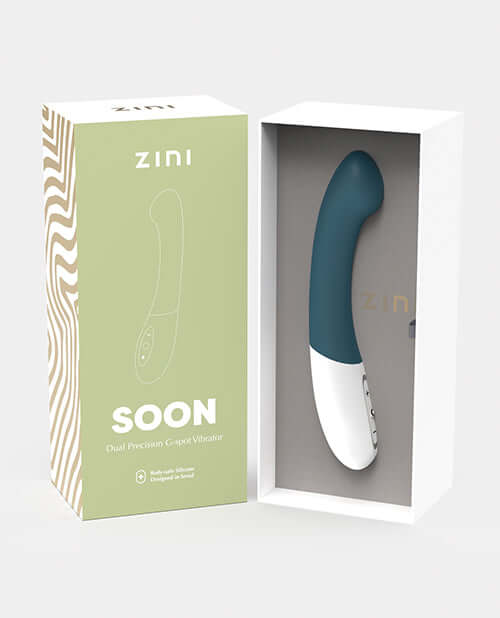 Zini Soon Blue Dual G-Spot Vibrator in elegant packaging showcasing its ergonomic design and sleek features.