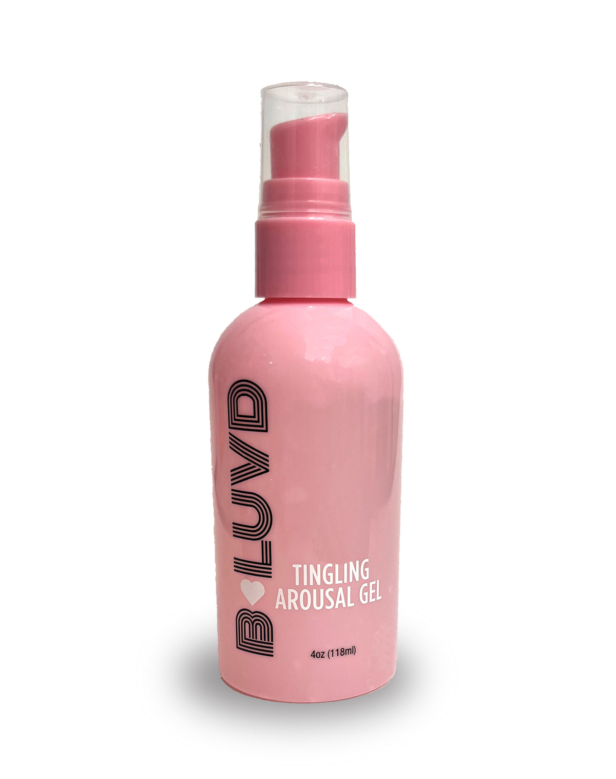 B-Luvd Arousal Gel Water-Based Pink 4oz bottle with a pump for intimate enhancement.