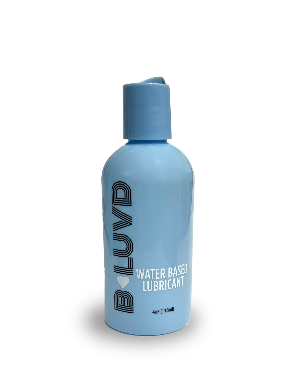 B-Luvd Water Based Lubricant Blue 4oz bottle with cap, showcasing its smooth and comfortable intimate glide.