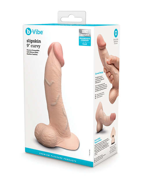 b-Vibe Slipskin 9 inches Curvy Dildo Cream in product packaging showcasing its realistic design and shape.
