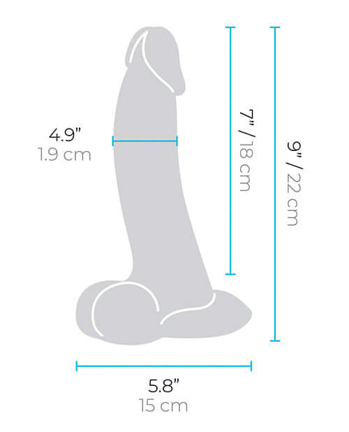 b-Vibe Slipskin 9 inches Curvy Dildo Cream dimensions illustration showing height, width, and depth.