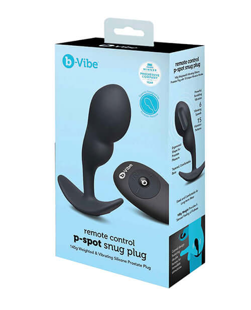 b-Vibe Remote Control P-Spot Snug Plug Black packaging showcasing its design and remote control features for prostate pleasure.