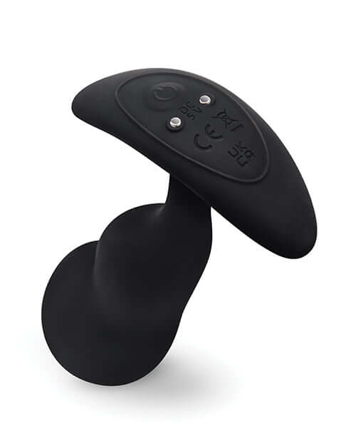 b-Vibe Remote Control P-Spot Snug Plug Black featuring a curved design and control buttons for prostate pleasure.