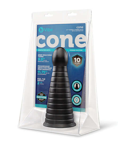b-Vibe Cone 10 inch Tapered & Ribbed Dildo with Suction Cup packaging featuring textured design and product details.