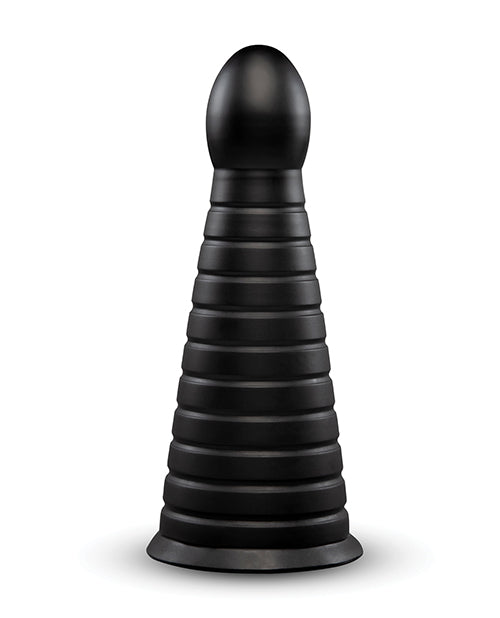 b-Vibe Cone 10 inch Tapered & Ribbed Dildo with Suction Cup in black, featuring a textured tapered design.