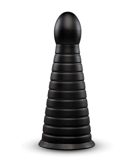 b-Vibe Cone 10 inch Tapered & Ribbed Dildo with Suction Cup in black, featuring a textured tapered design.