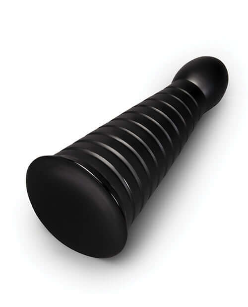 b-Vibe Cone 10 inch Tapered & Ribbed Dildo with Suction Cup in black color, showcasing its ribbed texture and tapered design.