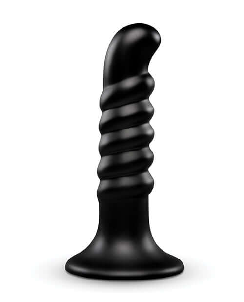 b-Vibe Krush 9.5 inch Curved & Ribbed Dildo Black on a white background showcasing its unique curved and ribbed design.