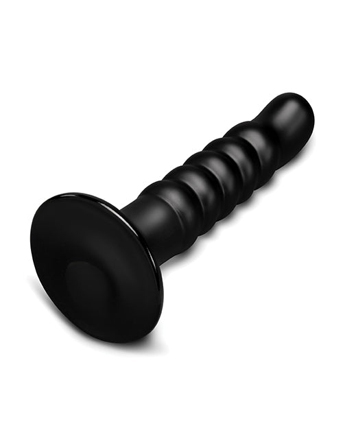 b-Vibe Krush 9.5 inch Curved & Ribbed Dildo Black showcasing its ribbed texture and curve for enhanced pleasure.