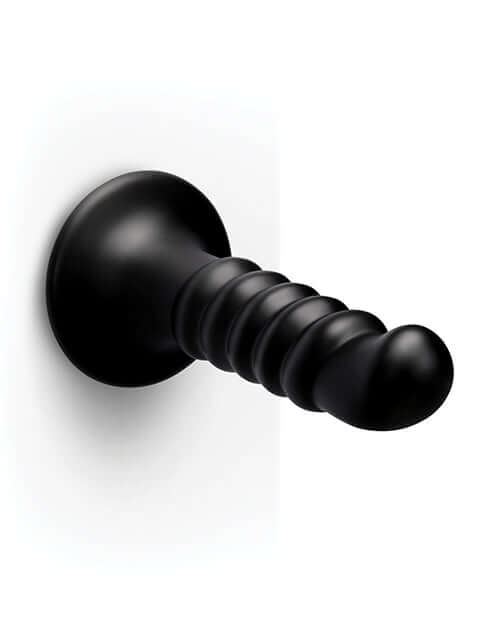 b-Vibe Krush 9.5 inch Curved & Ribbed Dildo Black with textured shaft and curved tip for enhanced pleasure.