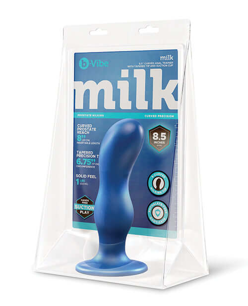 b-Vibe Milk 8.5 inch Curved Anal Trainer with Tapered Tip in packaging showcasing its design and features.