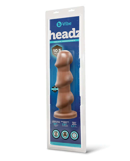 b-Vibe Headz 10.5 inch Multi-Bulb Dildo with Flared Base packaging showcasing its design and features.