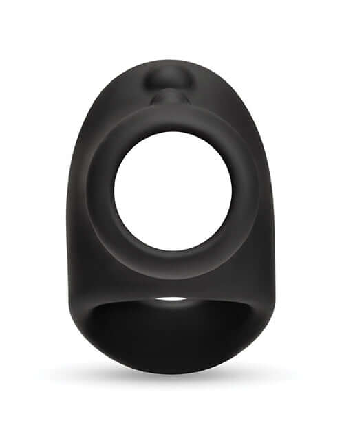 b-Vibe Flex Ring Shaft Silicone Cock Ring & Ball Stretcher in matte black silicone design.