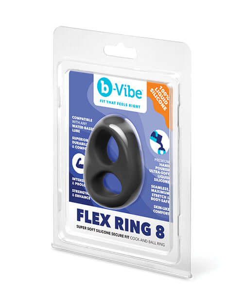 b-Vibe Flex Ring Eight Silicone Cock Ring packaged with features highlighted on the box.